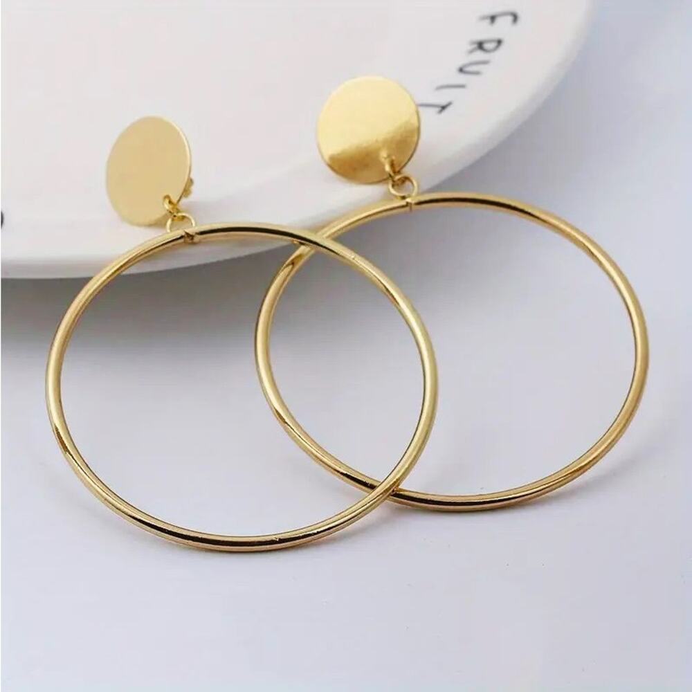 Gold Round Drop Earrings - Light Weight Earrings - Picture 2 of 4